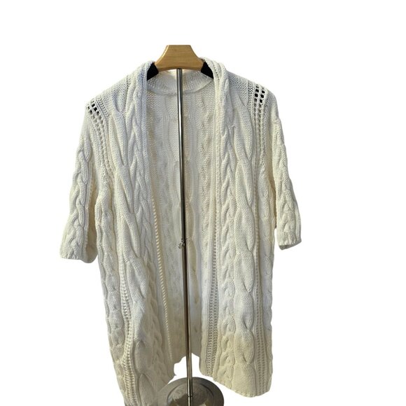 Sweaters - White Cable Knit Open Front Cardigan Sweater With Hood